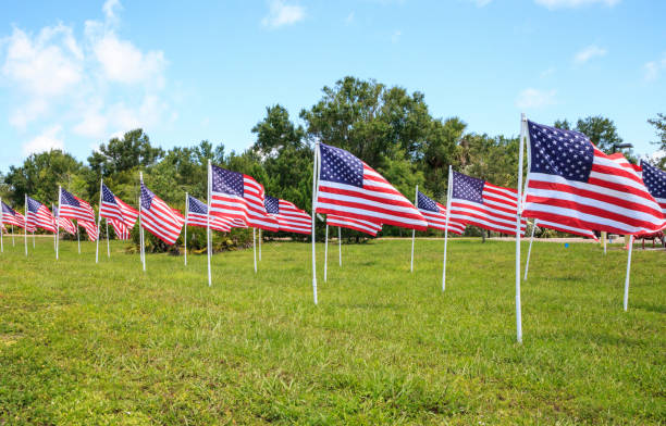istock Patriotic display of multiple large American flags 971184640