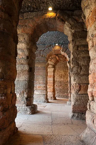 Ancient arches inside the Verona's Arena, Italy.