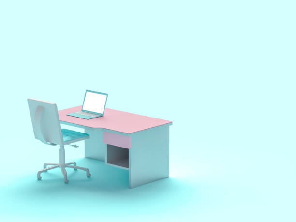 istock Laptop on table and chair pastel blue color 971209334