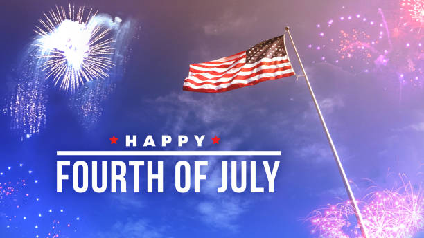 texto de cuarto de julio fuegos artificiales y la bandera americana - 4th of july fotografías e imágenes de stock