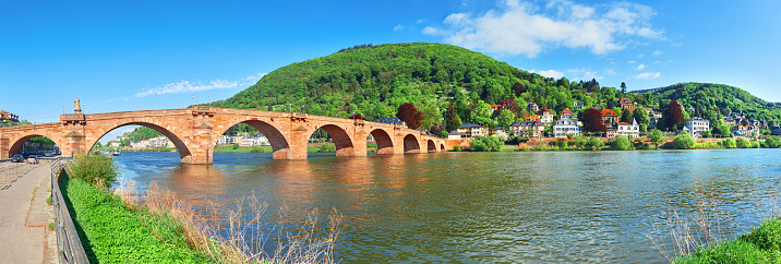 Panoramic view of Heidelberg town in Germany. The Old Bridge over the River Neckar in Spring.