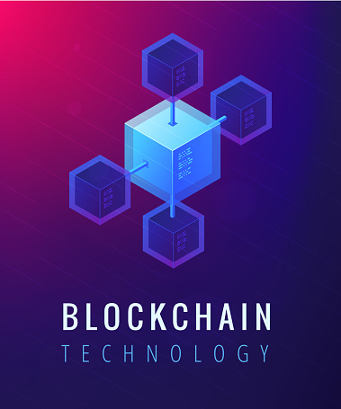 Isometric blockchain technology concept. Computer network, global cryptocurrency mining and blockchain data transfer illustration on ultraviolet background. Vector 3d isometric illustration.