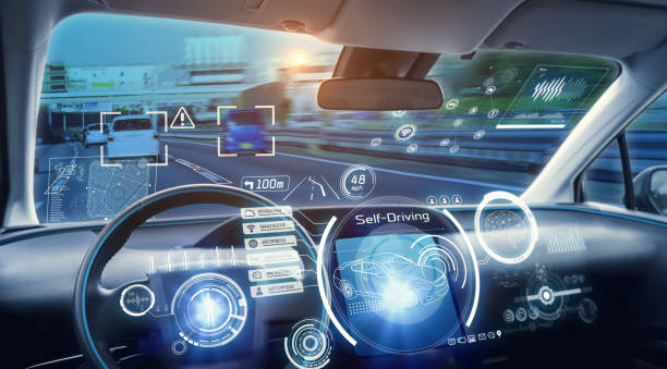 cabina di pilotaggio di futuristica auto a guida autonoma. - car steering wheel windshield speedometer foto e immagini stock