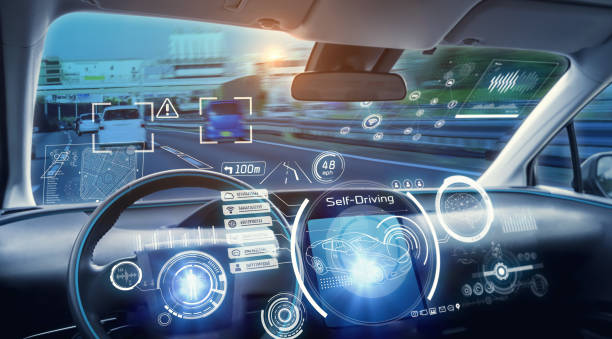 Cockpit of futuristic autonomous car. Cockpit of futuristic autonomous car. head up display vehicle part stock pictures, royalty-free photos & images