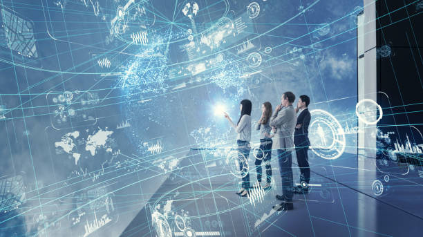 istock Group of people watching futuristic GUI. 971246864