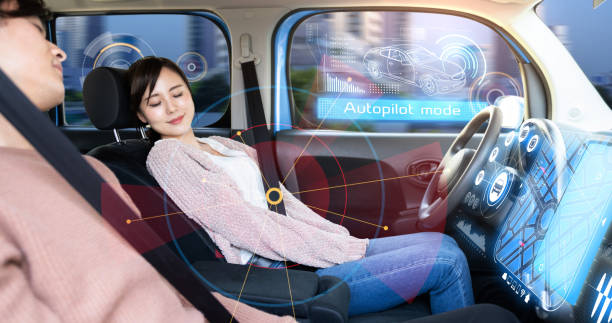istock Young woman sleeping in autonomous car. 971253404