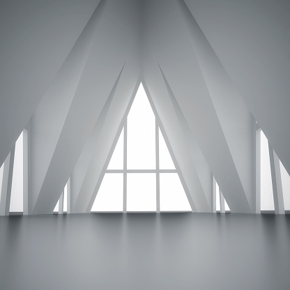 3d illustration. White interior of a non-existent building. Room with a triangular ceiling and a window. Sacred Geometry, render.