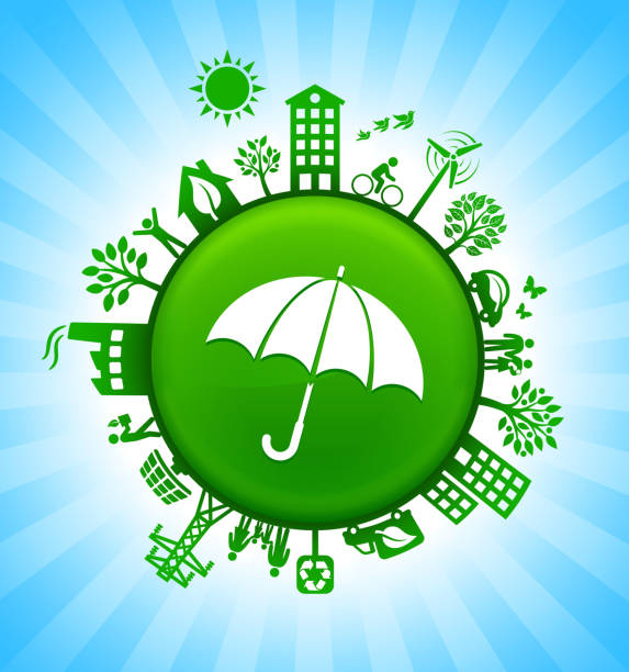 푸른 하늘에 우산 환경 녹색 버튼 배경 - protection umbrella people stick figure stock illustrations