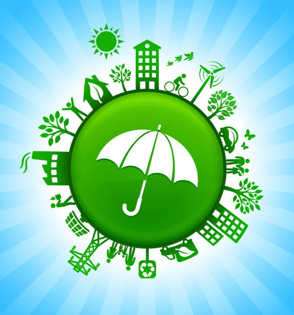 ilustrações de stock, clip art, desenhos animados e ícones de umbrella environment green button background on blue sky - protection umbrella people stick figure