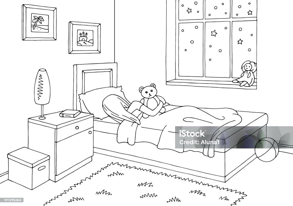 Children room graphic black white interior sleeping girl sketch illustration vector Domestic Room stock vector