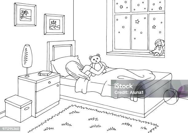 Children Room Graphic Black White Interior Sleeping Girl Sketch Illustration Vector Stock Illustration - Download Image Now