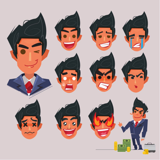 ilustrações de stock, clip art, desenhos animados e ícones de face emotional of businessman. character design - vector - smirking