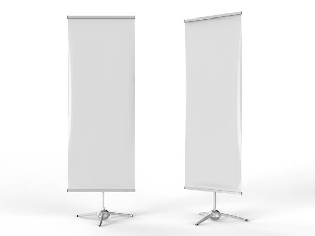 istock White blank empty high resolution Business exhibition Roll Up and Standee Banner display mock up Template for your Design Presentation. 3d render illustration. 971296086