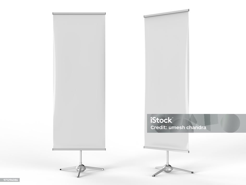 White blank empty high resolution Business exhibition Roll Up and Standee Banner display mock up Template for your Design Presentation. 3d render illustration. White blank empty high resolution Business exhibition Roll Up and Standee Banner display mock up Template for your Design Presentation. Banner - Sign Stock Photo