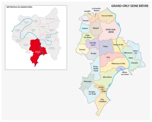 Vector illustration of administrative and political map of Grand Orly Seine Bievre, Greater Paris, France