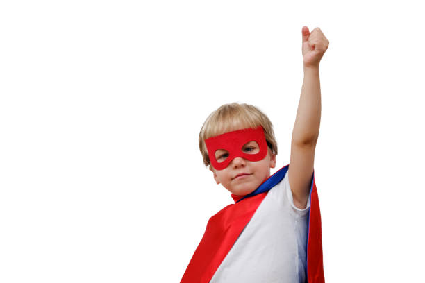istock Cute boy in superhero costume on white background 971301514