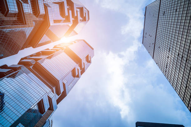 istock Bottom view of office building window close up 971302080