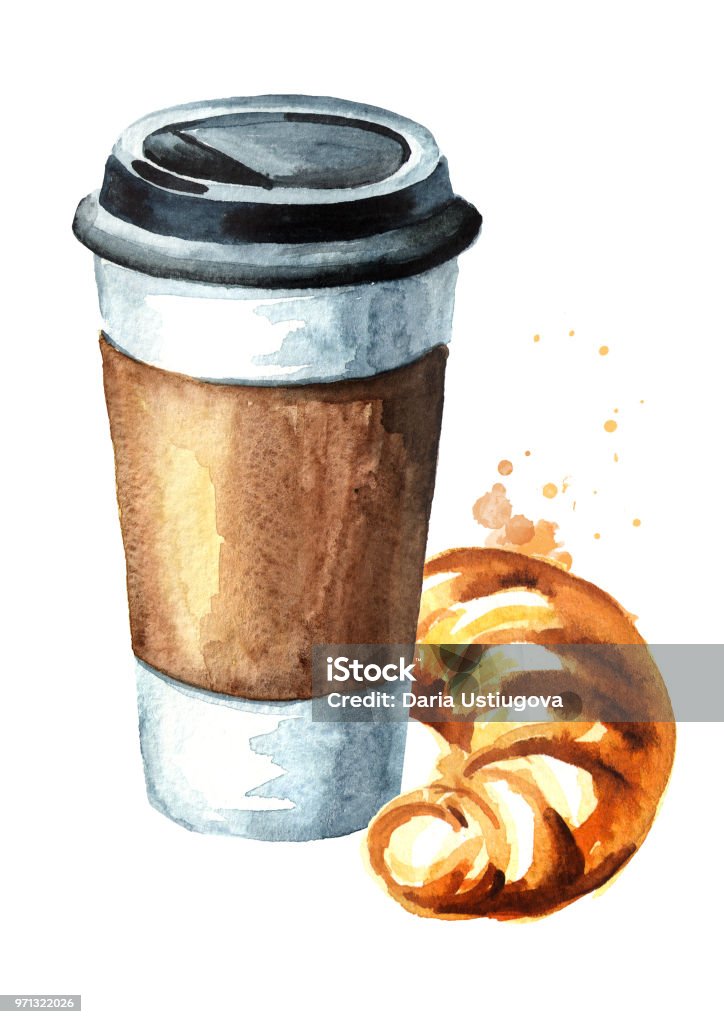 Coffee to go paper cup and Traditional french croissant. Watercolor hand drawn illustration, isolated on white background Breakfast stock illustration