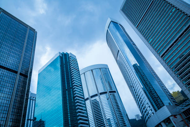istock Bottom view of office building window close up 971325576