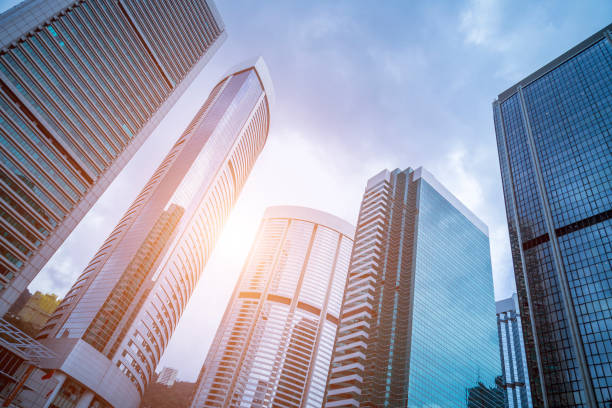 istock Bottom view of office building window close up 971325580