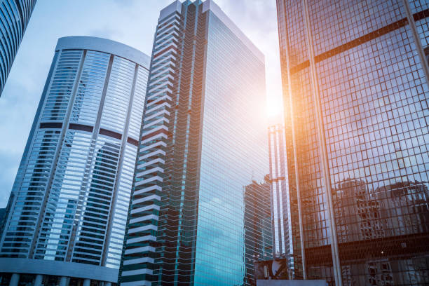 istock Bottom view of office building window close up 971326068