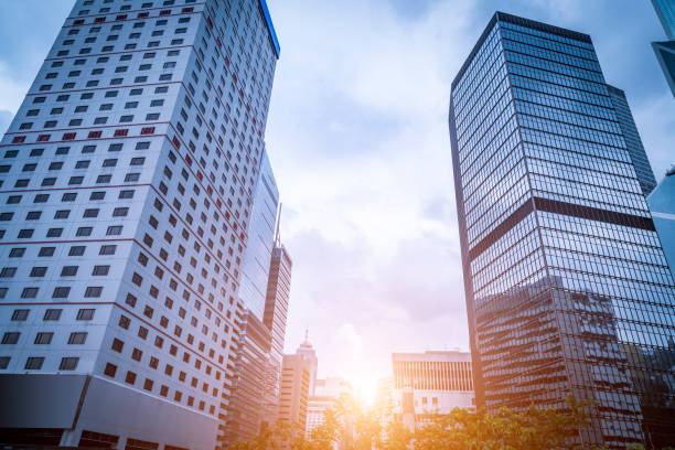 istock Bottom view of office building window close up 971328742