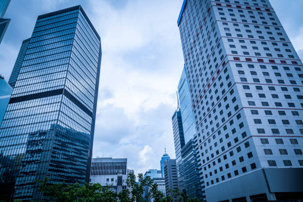 istock Bottom view of office building window close up 971328796