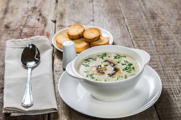 istock Cheese cream soup with mushrooms. Copy-space. 971350348
