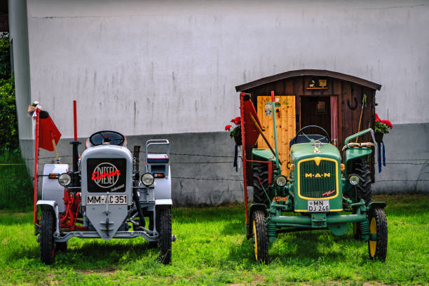 Hetzlinshofen, Germany - May 27, 2018: Eicher and MAN tractors at the 6. Hetla-Klausa oldtimer car and tractor meeting.