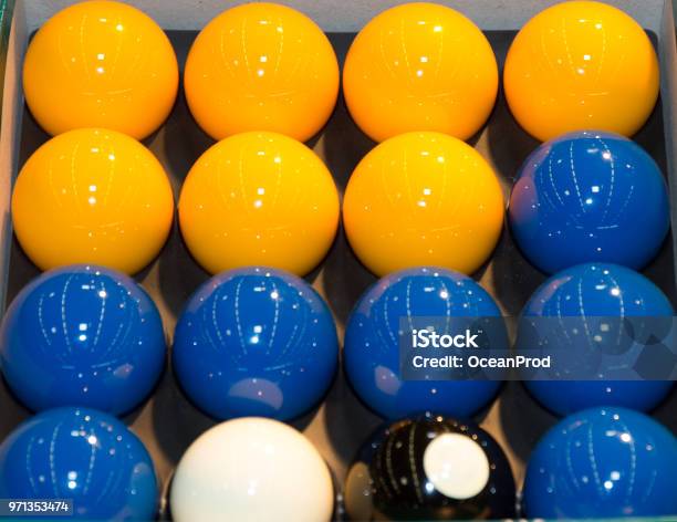 Billards Pool Game Color Balls In Rectangle Aiming At Cue Ball Stock Photo - Download Image Now