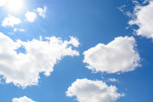The sun and white clouds on the beautiful blue sky. Partly cloudy