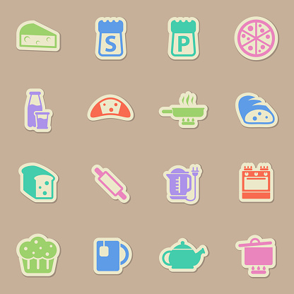 kitchen color vector icons on paper stickers