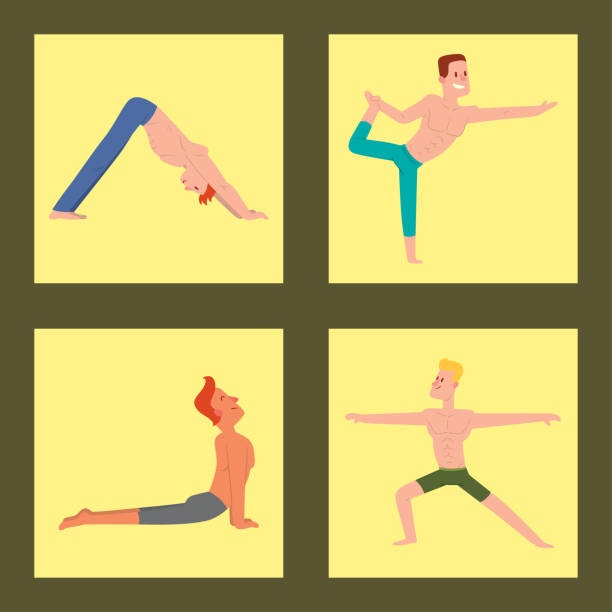 istock Yoga positions mans characters class vector card illustration meditation male concentration human peace sport lifestyle relaxation health exercise 971381324