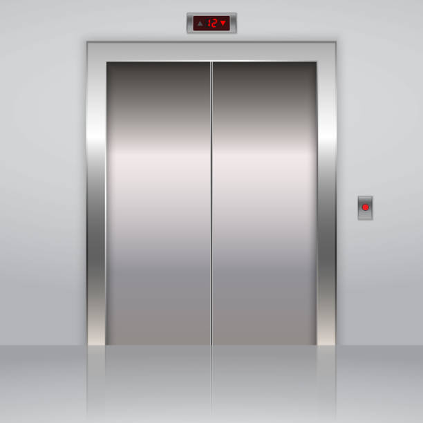 istock Realistic metal office elevator lift doors 971381658