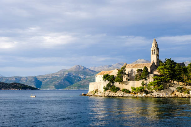 View of Franciscan monastery from Adriatic Sea, Lopud, Croatia, Elaphiten, Dubrovnik