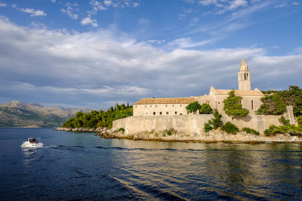Franciscan monastery on Lopud island, dubrovnik, Croatia View of Franciscan monastery from Adriatic Sea, Lopud, Croatia, Elaphiten, Dubrovnik dubrovnik lopud stock pictures, royalty-free photos & images