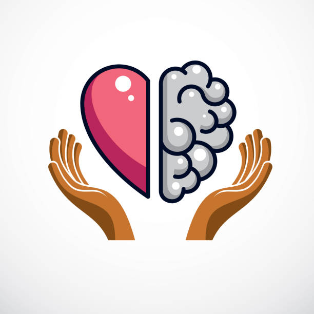 herz und gehirn konzept, konflikt zwischen emotionen und rationales denken, teamarbeit und balance zwischen seele und intelligenz. vektor icon-design. - hands in head stock-grafiken, -clipart, -cartoons und -symbole