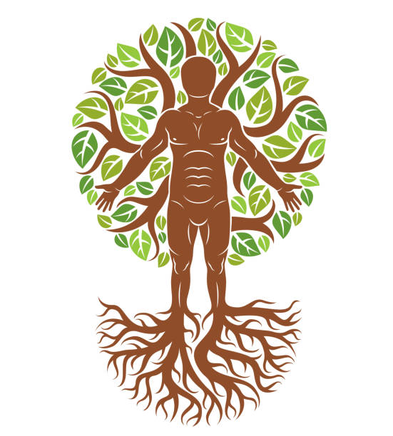 istock Vector illustration of human, athlete made as continuation of tree with strong roots and surrounded by eco green leaves. Mythic creature, Perun Slavic god. 971396586