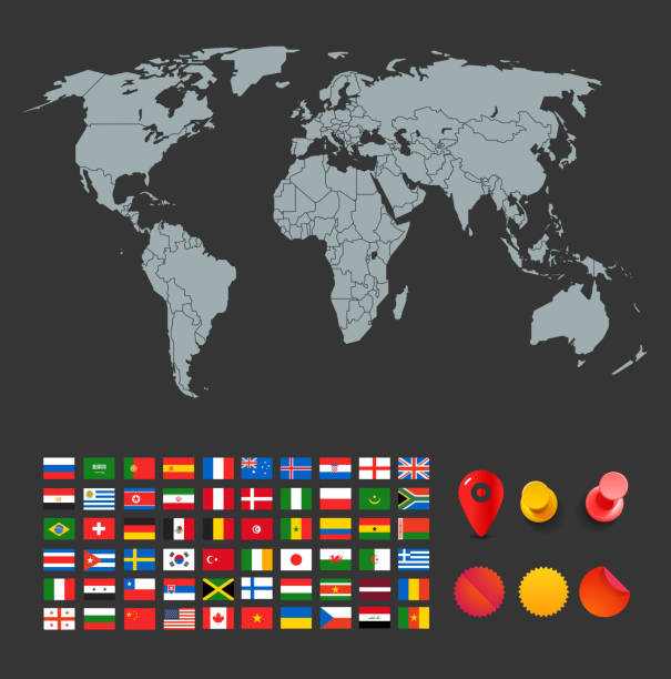 istock Infographic elements for design. World map and color pins and paper stickers 971403360