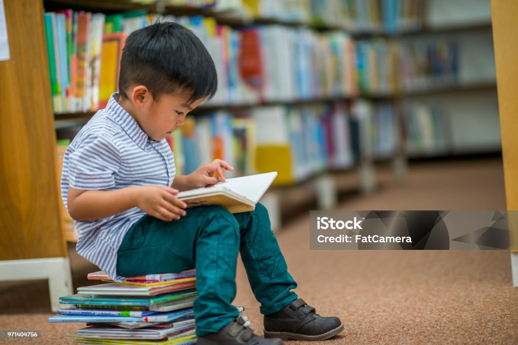 Boy Who Loves Reading A young Asian boy is indoors in his elementary school library. He is reading a storybook while sitting on a stack of books. Child Stock Photo