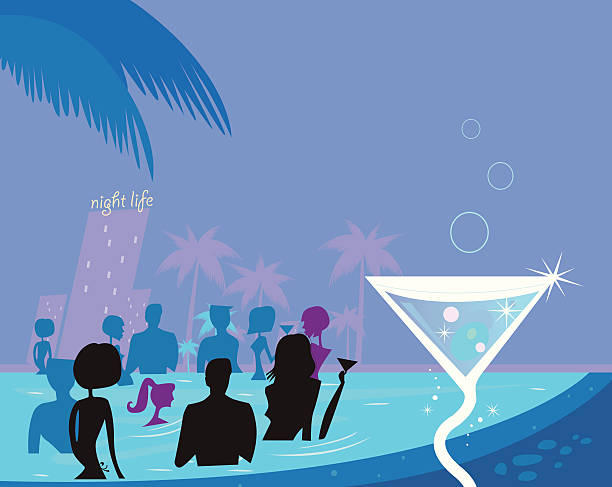 Water party night: People silhouette in pool & fresh Martini drink vector art illustration