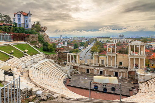Beautiful cityscape of Plovdiv, Bulgaria, in the medieval part of the city called Old Town, with the ancient Roman theatre