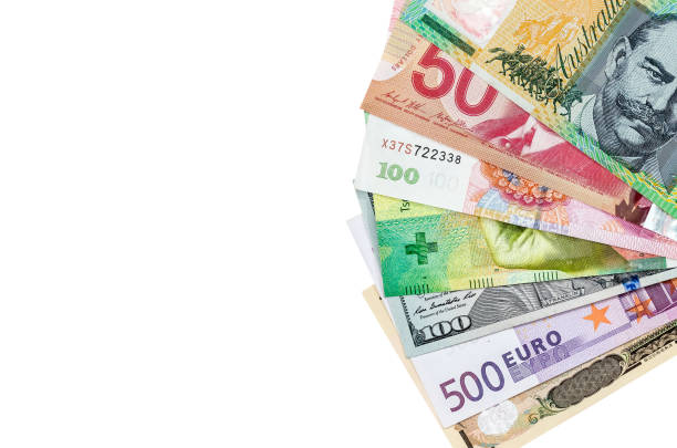 american  us canadian   australian  dollar, euro, japanese yen, and chinese yuan banknote - investment rmb savings china imagens e fotografias de stock