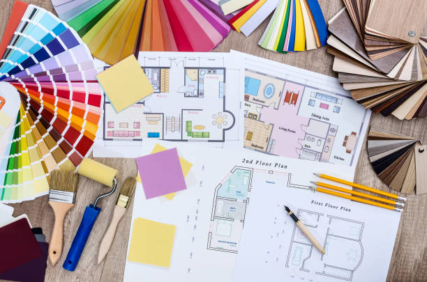 istock Colour, wooden and plastic samples with house project 971409612