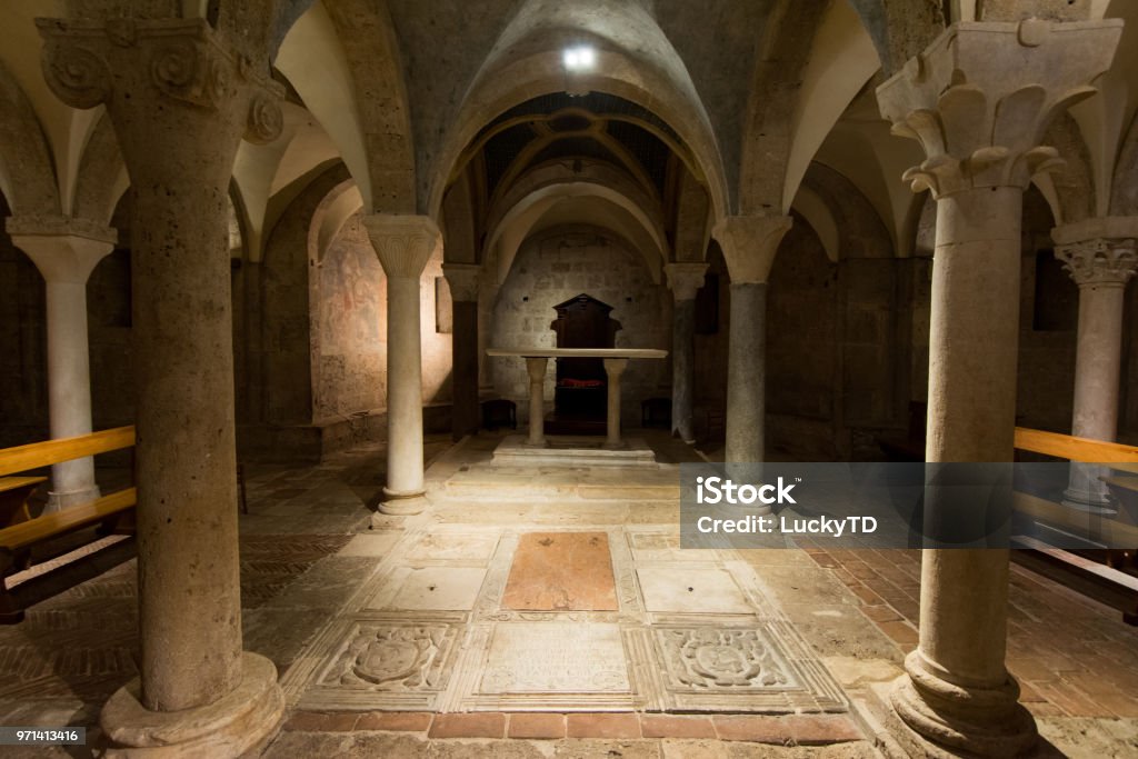 Tourist view of Rieti, in Lazio, Italy. The crypt of St. Mary Cathedral City Stock Photo
