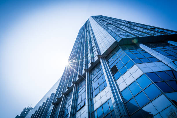 istock Bottom view of office building window close up 971420412