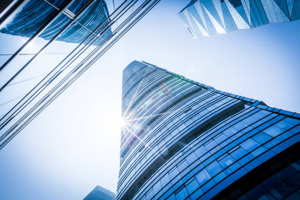 istock Bottom view of office building window close up 971420696