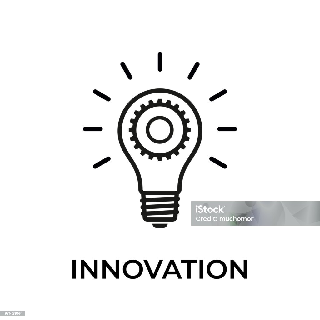 Vector innovation icon. Light bulb and cog inside. Premium quality graphic design element. Modern sign, linear pictogram, outline symbol, simple thin line icon High quality design can be used for greeting cards, flyers, invitations, poster, brochures, calendar, banner, brochures, presentations, application mobile, web design, to everything. Everything built on layers. Transparent Background. Design easy to use. Icon Symbol stock vector