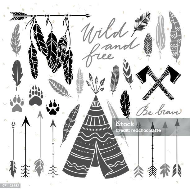 Ethnic Indian Elements Illustration Set Vintage Feathers And Arrows Graphic Elements Stock Illustration - Download Image Now