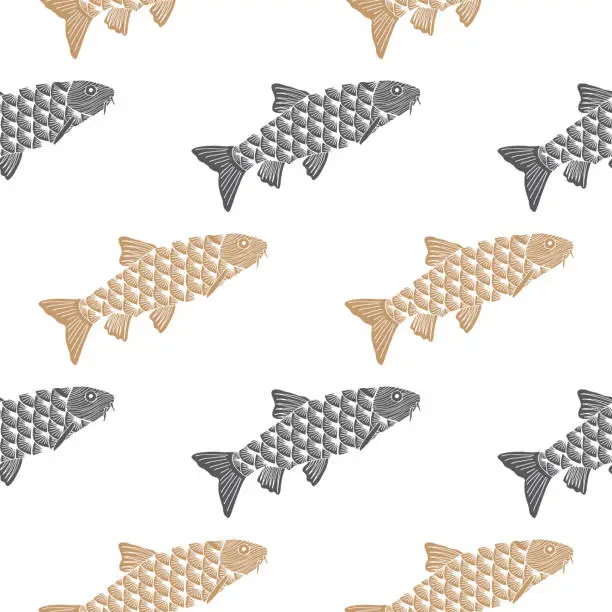 Vector illustration of Fish hand drawn pattern. Salmon, gray and beige objects isolated on white.